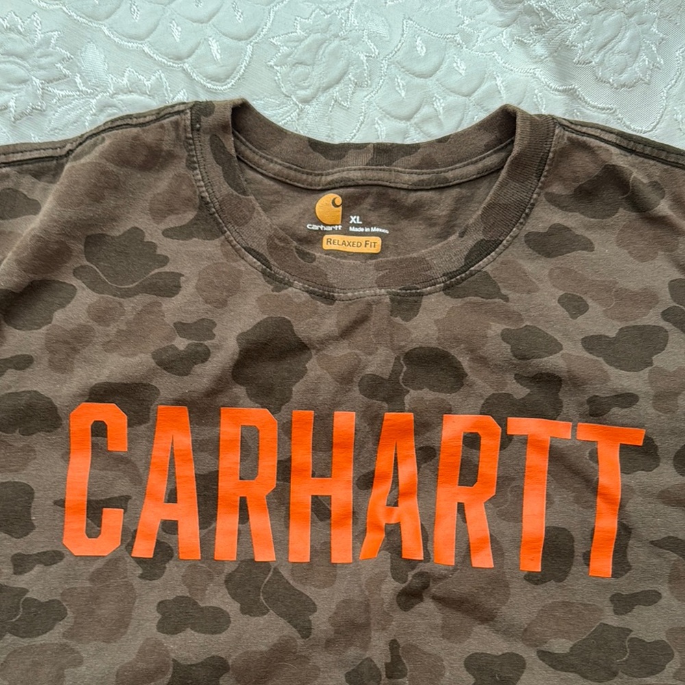 Carhartt Brown Camo Cripped Tee with Orange Logo